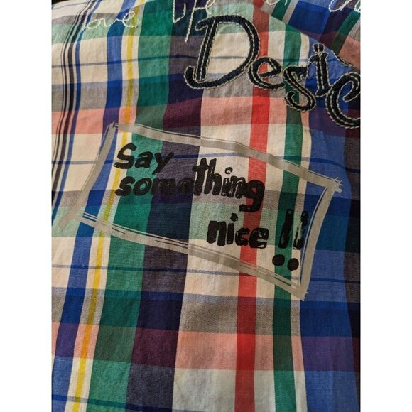 Desigual Art To Wear Button Up Shirt Mens XXL Blue Plaid Cotton Short Sleeve - Picture 8 of 11